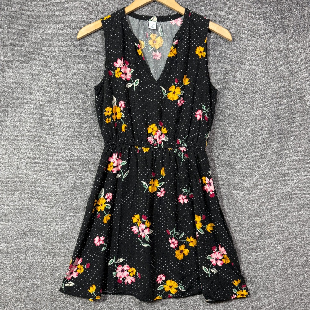 Old Navy Dress Womens Small Black Polka Dot Floral Sleeveless Fit & Flare V-Neck